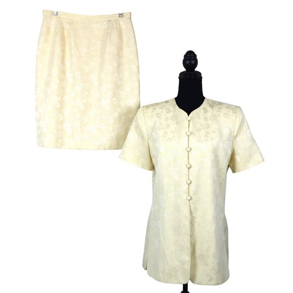 Vintage 90s Le Suit Petite Butter Yellow Skirt Suit Mid Length Long Jacket 12P - Picture 1 of 9